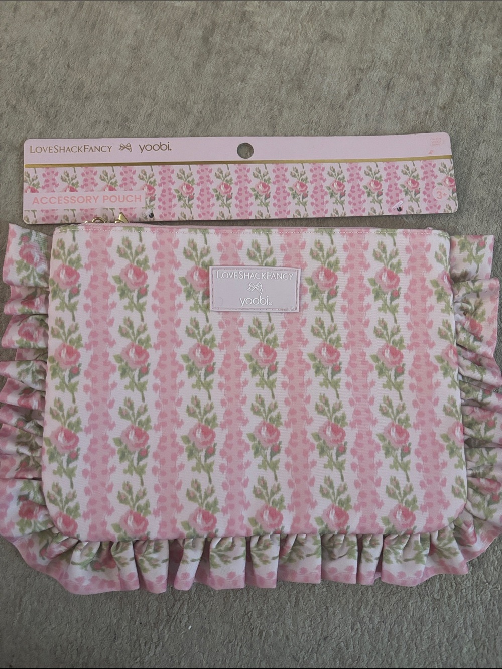 LoveShackFancy Pink Floral Ruffle Accessory Pouch